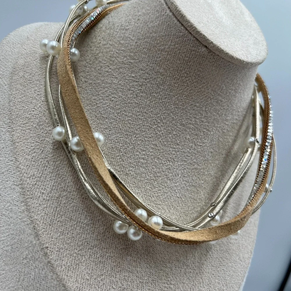 Vintage Multi-Strand Pearl Crystal Choker Necklace Magnetic Clasp Statement Boho